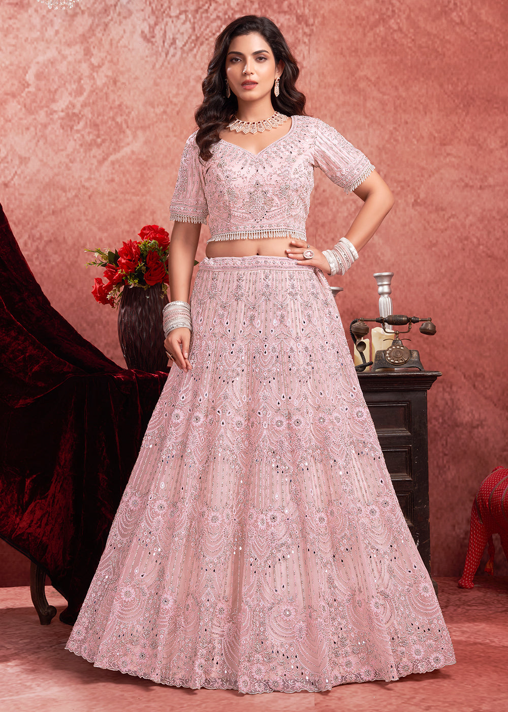 Light Pink Color Lehenga Choli Light Pink Embroidered Bridal