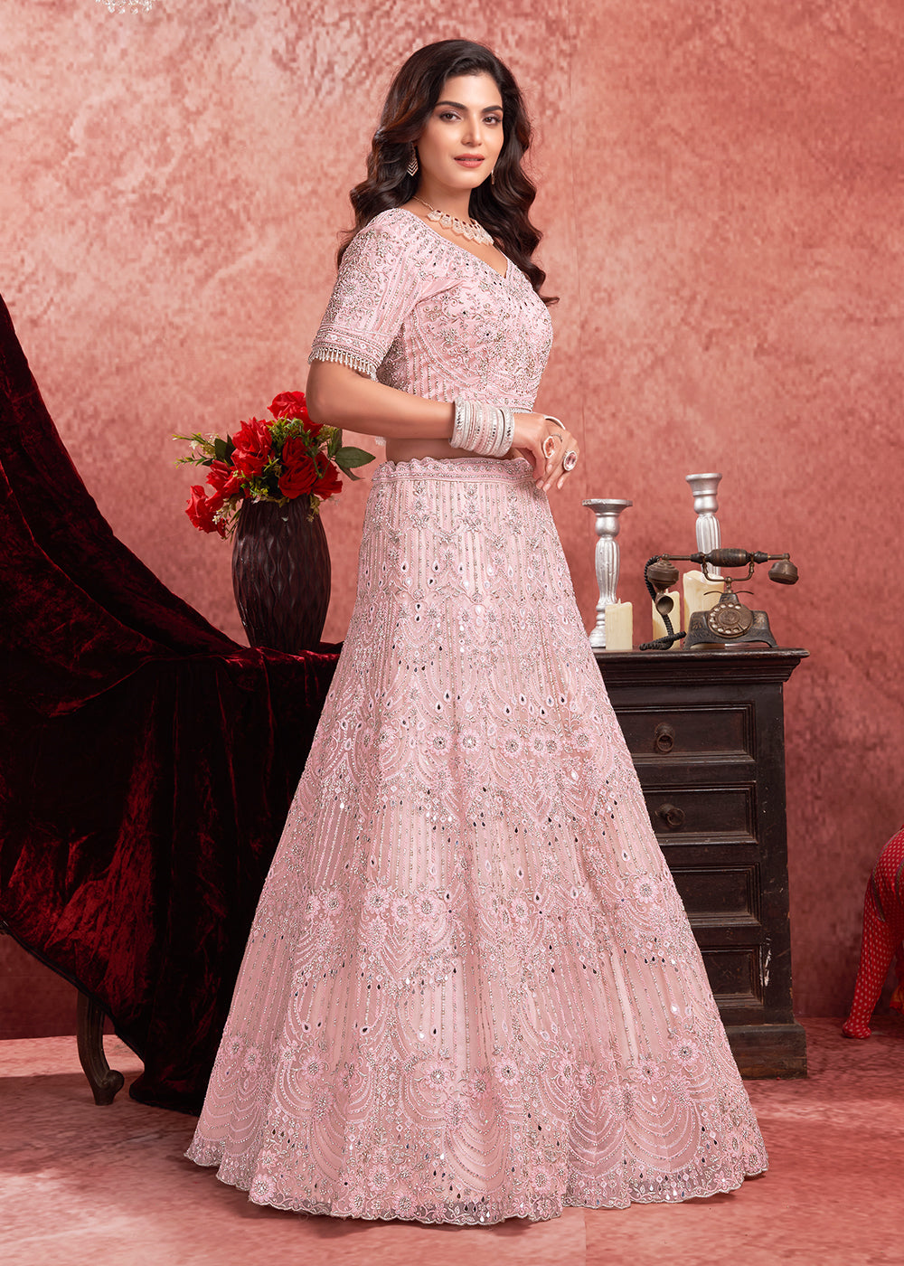 Buy Bridal Lehenga Choli Heavy Zarkan Embroidered Baby Pink