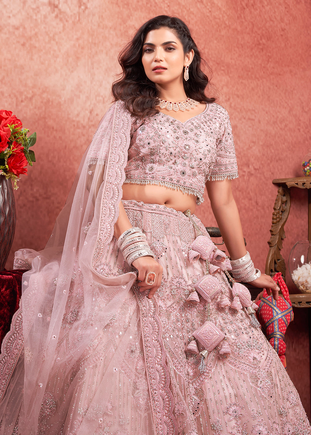 Buy Now Heavy Zarkan Embroidered Pink Bridal Lehenga Choli Online in USA, UK, Canada & Worldwide at Empress Clothing. 