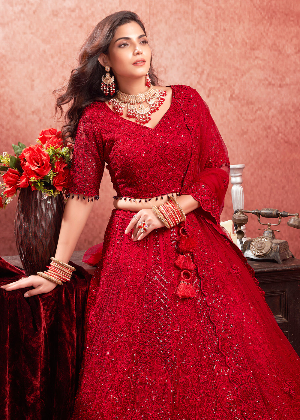 Buy Now Zarkan Heavy Embroidered Red Bridal Lehenga Choli Online in USA, UK, Canada & Worldwide at Empress Clothing.