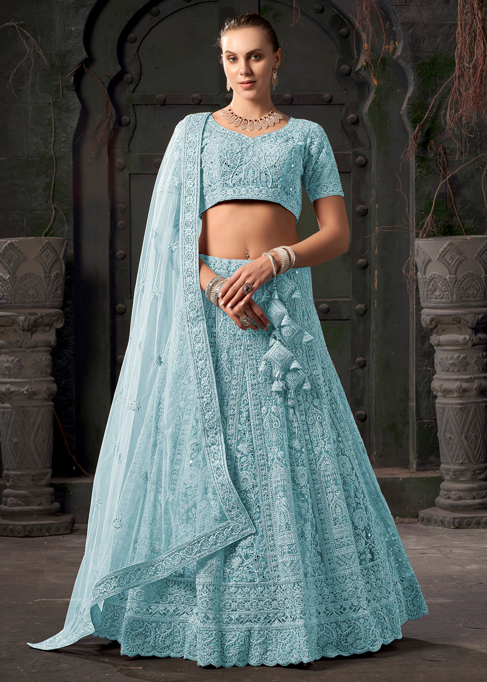 Buy Now Bridal Style Sky Blue Embroidered Designer Lehenga Choli Online in USA, UK, Canada & Worldwide at Empress Clothing. 