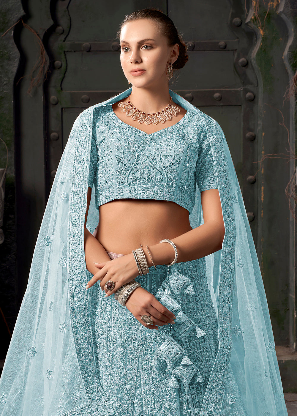 Buy Now Bridal Style Sky Blue Embroidered Designer Lehenga Choli Online in USA, UK, Canada & Worldwide at Empress Clothing. 