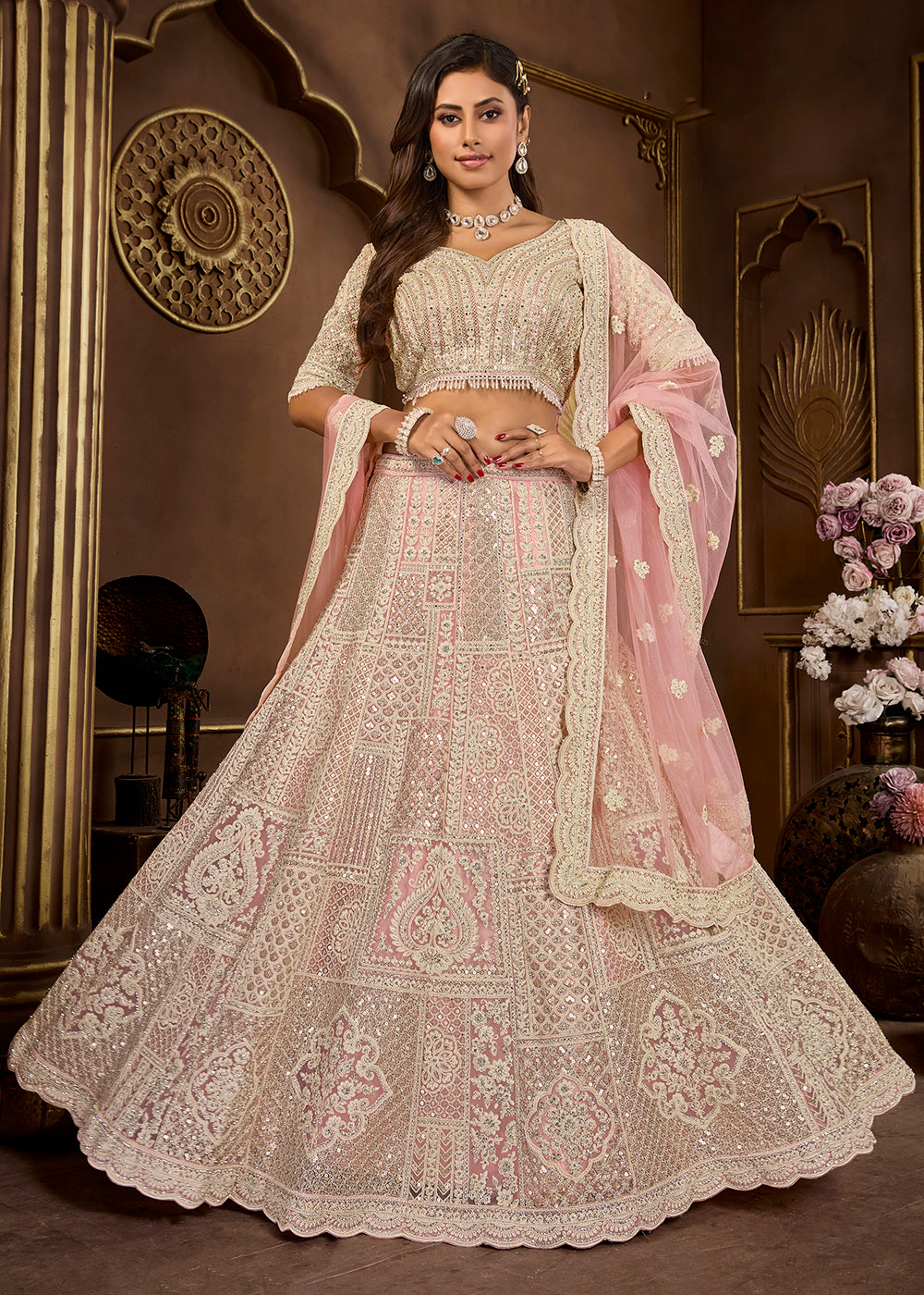 Buy Now Peach Heavy Embroidered Designer Bridal Lehenga Choli Online in USA, UK, Canada, UAE & Worldwide at Empress Clothing.