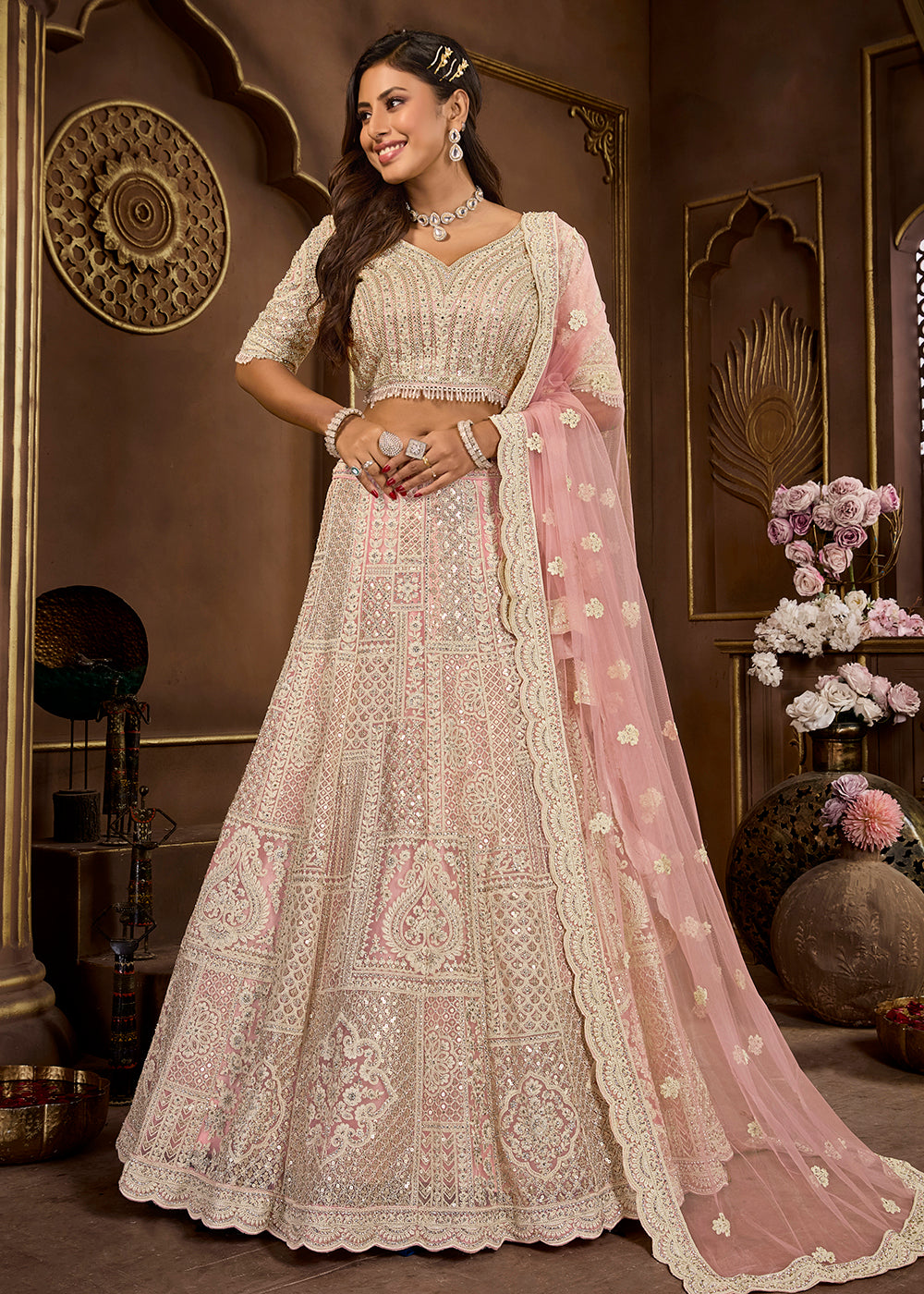 Buy Now Peach Heavy Embroidered Designer Bridal Lehenga Choli Online in USA, UK, Canada, UAE & Worldwide at Empress Clothing.