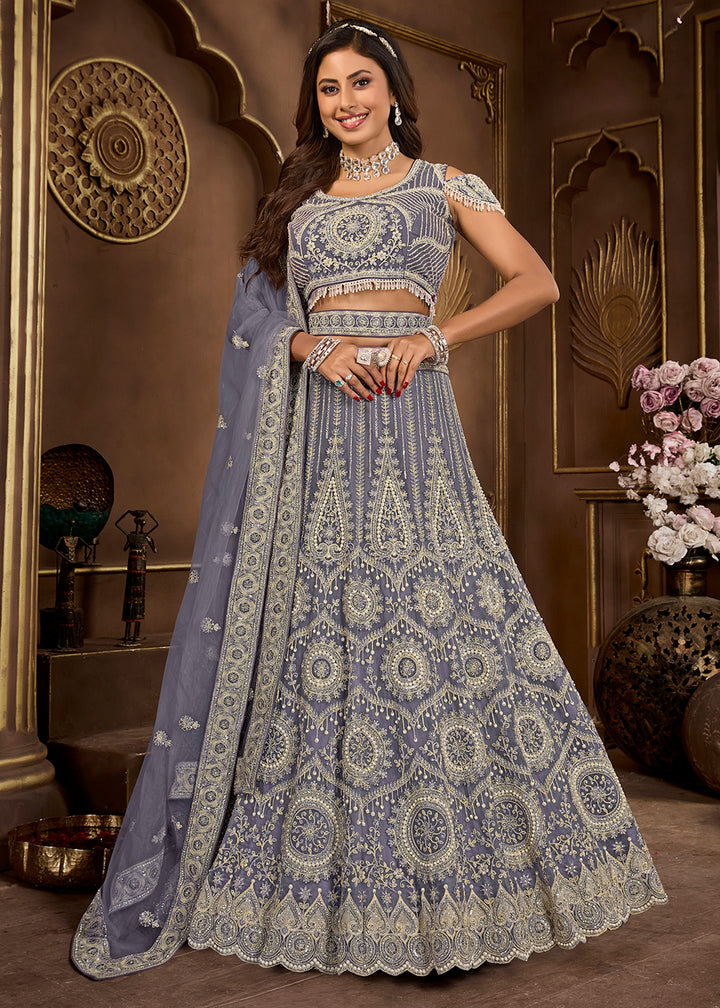 Buy Now Dark Grey Heavy Embroidered Designer Bridal Lehenga Choli Online in USA, UK, Canada, UAE & Worldwide at Empress Clothing.