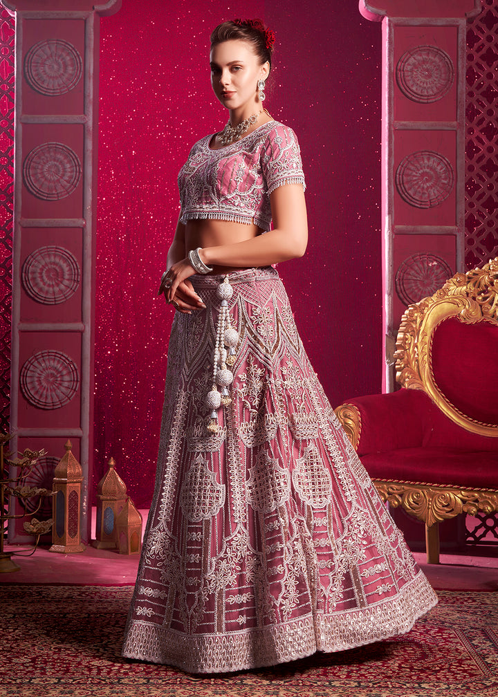 Buy Now Premium Net Pink Embroidered Designer Lehenga Choli Online in USA, UK, Sweden & Worldwide at Empress Clothing.