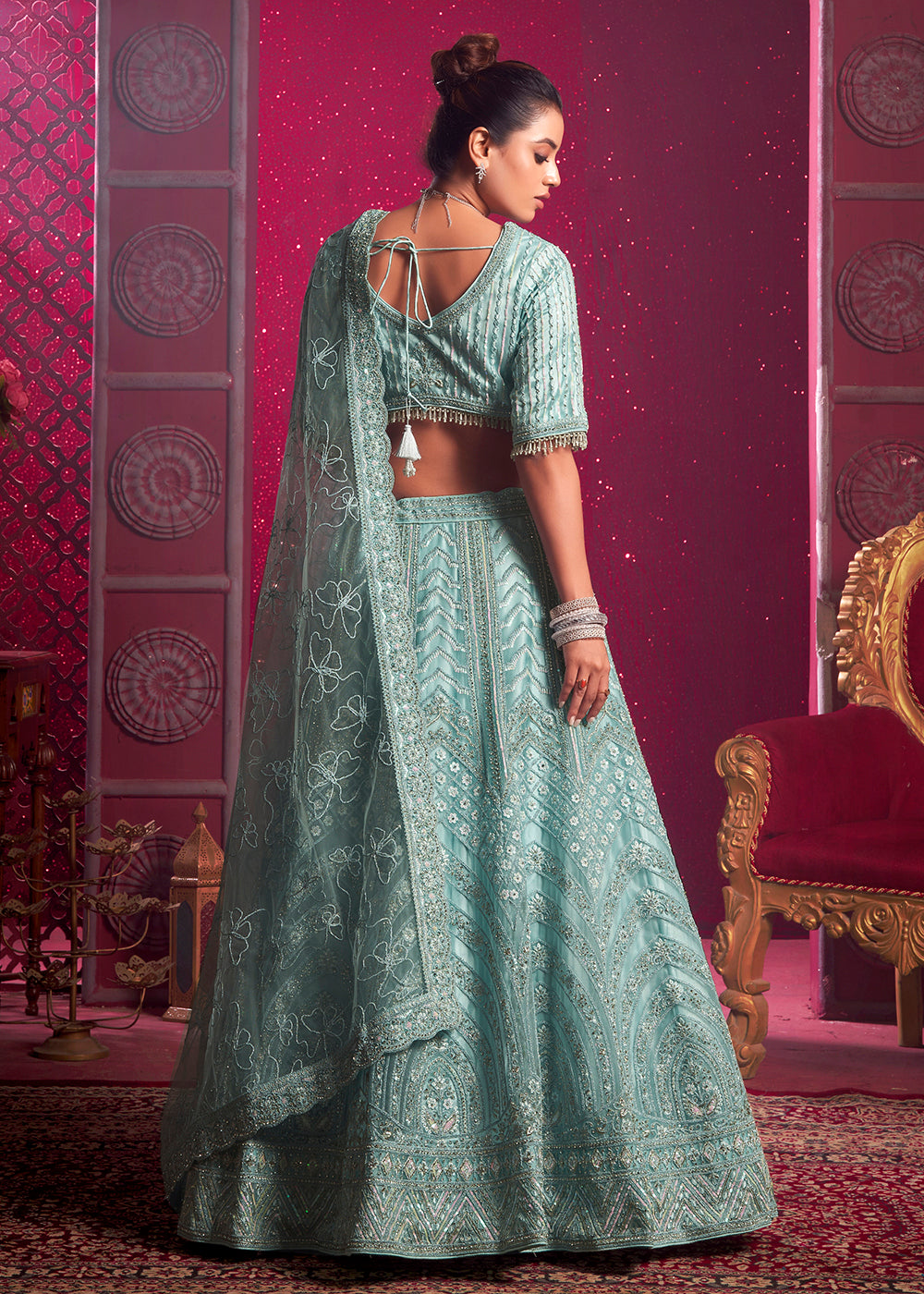 Buy Now Premium Net Sky Blue Embroidered Designer Lehenga Choli Online in USA, UK, Canada & Worldwide at Empress Clothing.