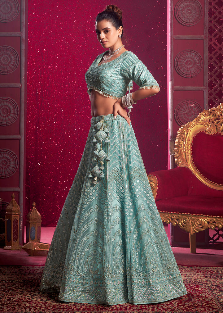 Buy Now Premium Net Sky Blue Embroidered Designer Lehenga Choli Online in USA, UK, Canada & Worldwide at Empress Clothing.