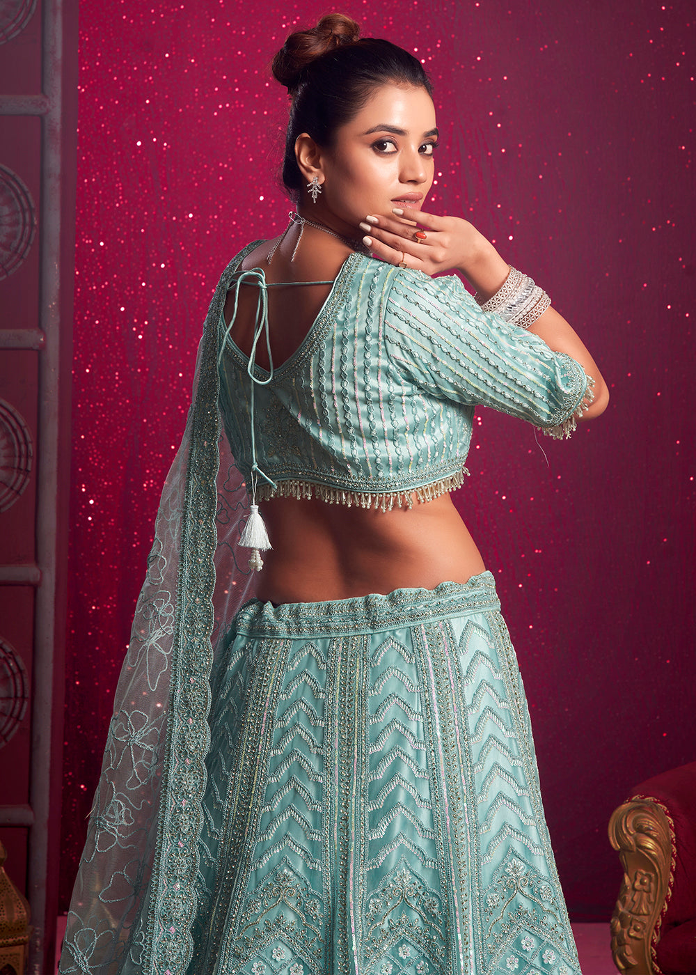 Buy Now Premium Net Sky Blue Embroidered Designer Lehenga Choli Online in USA, UK, Canada & Worldwide at Empress Clothing.