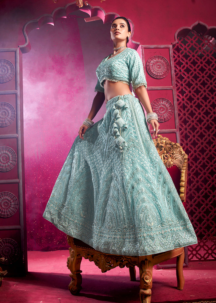 Buy Now Premium Net Sky Blue Embroidered Designer Lehenga Choli Online in USA, UK, Canada & Worldwide at Empress Clothing.