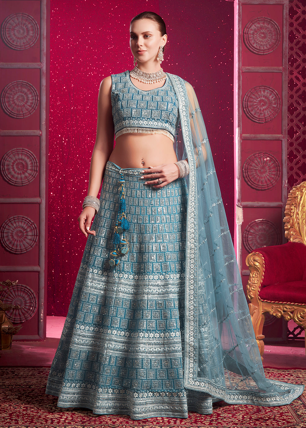 Buy Now Premium Net Pastel Blue Embroidered Designer Lehenga Choli Online in USA, UK, Canada & Worldwide at Empress Clothing.