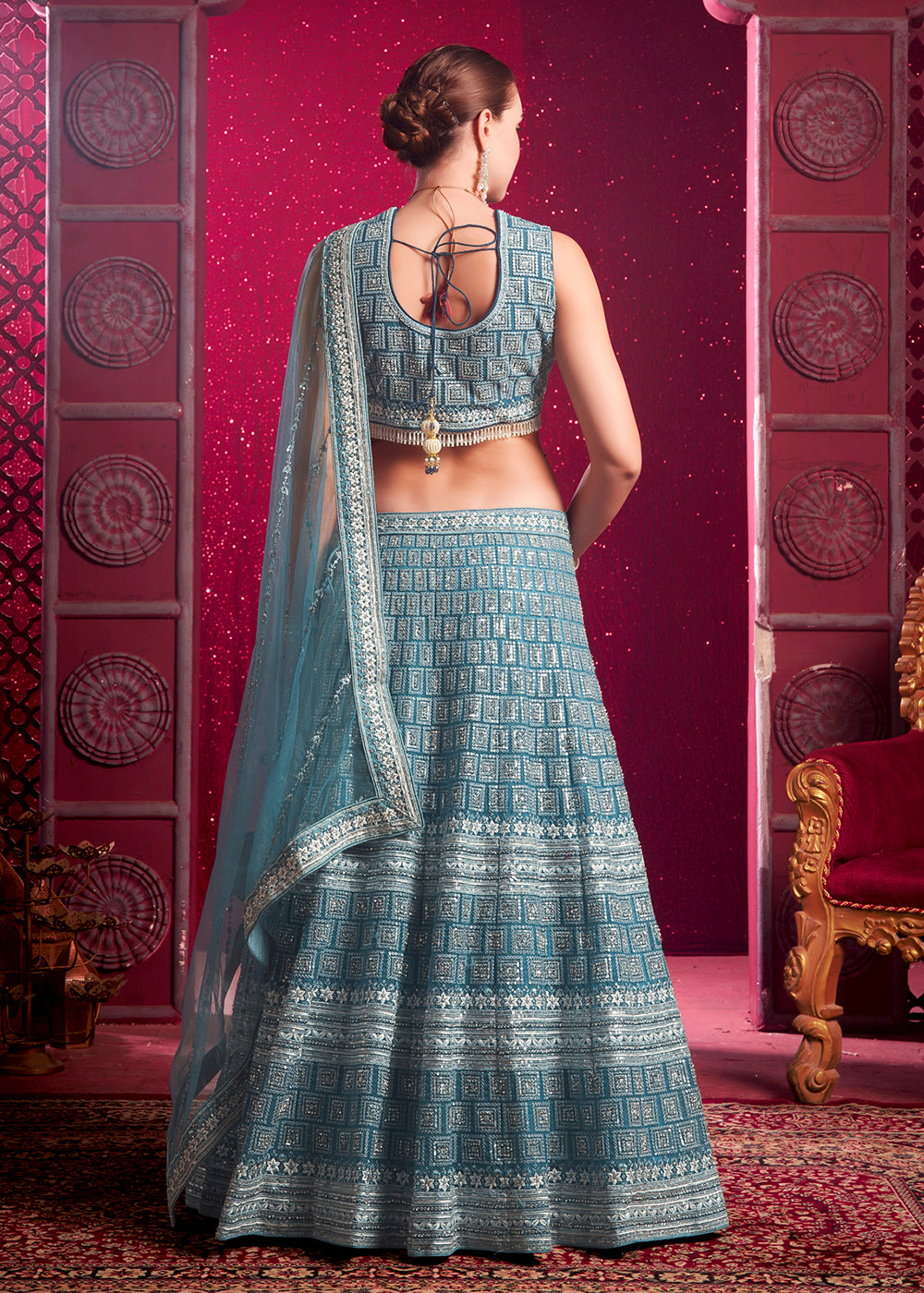 Buy Now Premium Net Pastel Blue Embroidered Designer Lehenga Choli Online in USA, UK, Canada & Worldwide at Empress Clothing.