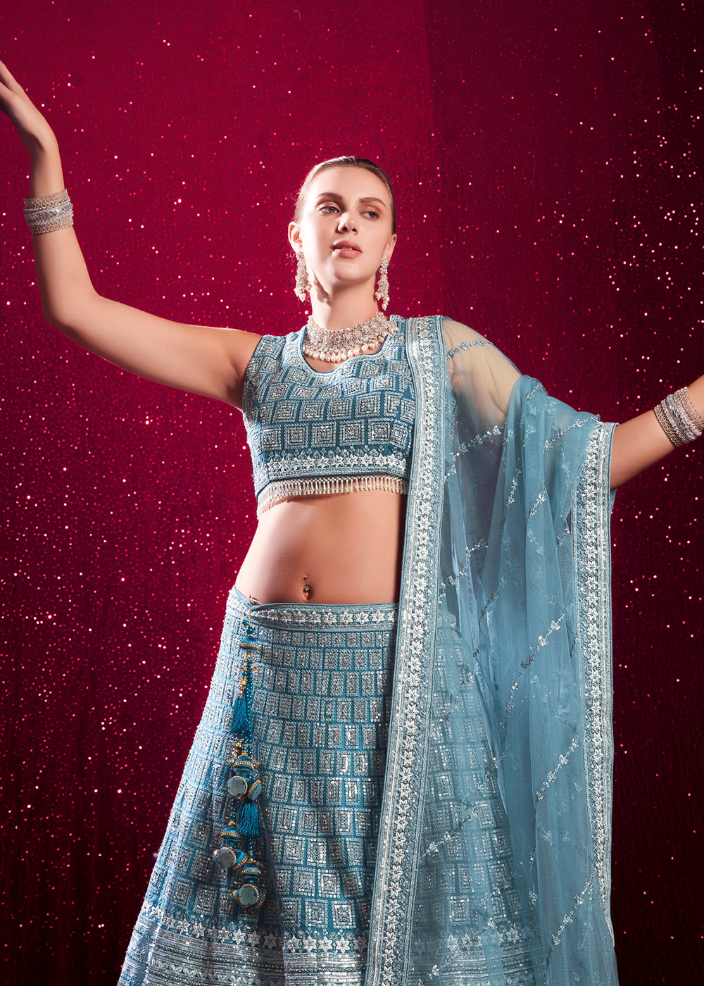 Buy Now Premium Net Pastel Blue Embroidered Designer Lehenga Choli Online in USA, UK, Canada & Worldwide at Empress Clothing.