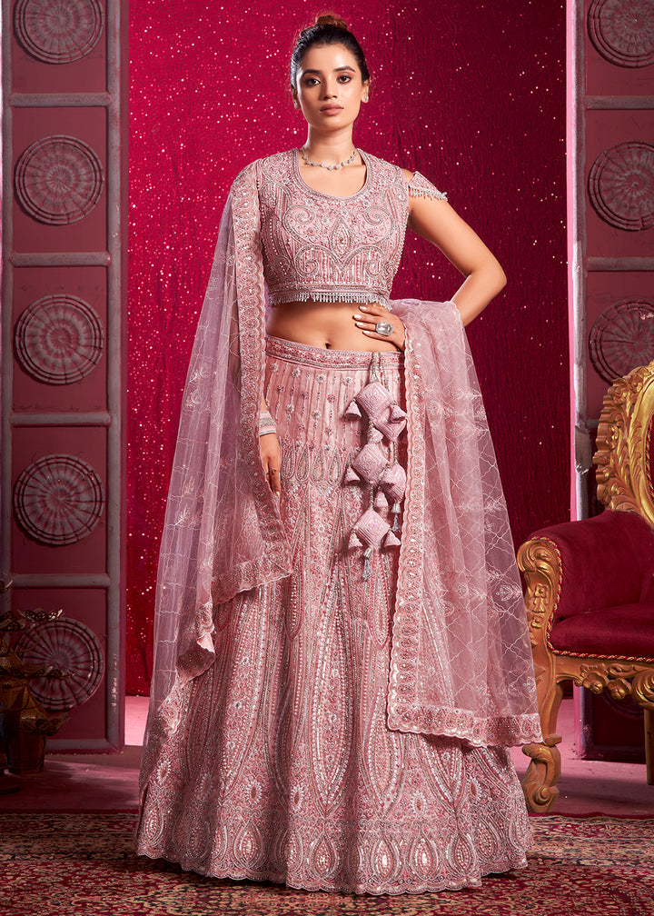 Buy Now Premium Net Peach Embroidered Designer Lehenga Choli Online in USA, UK, Canada & Worldwide at Empress Clothing.