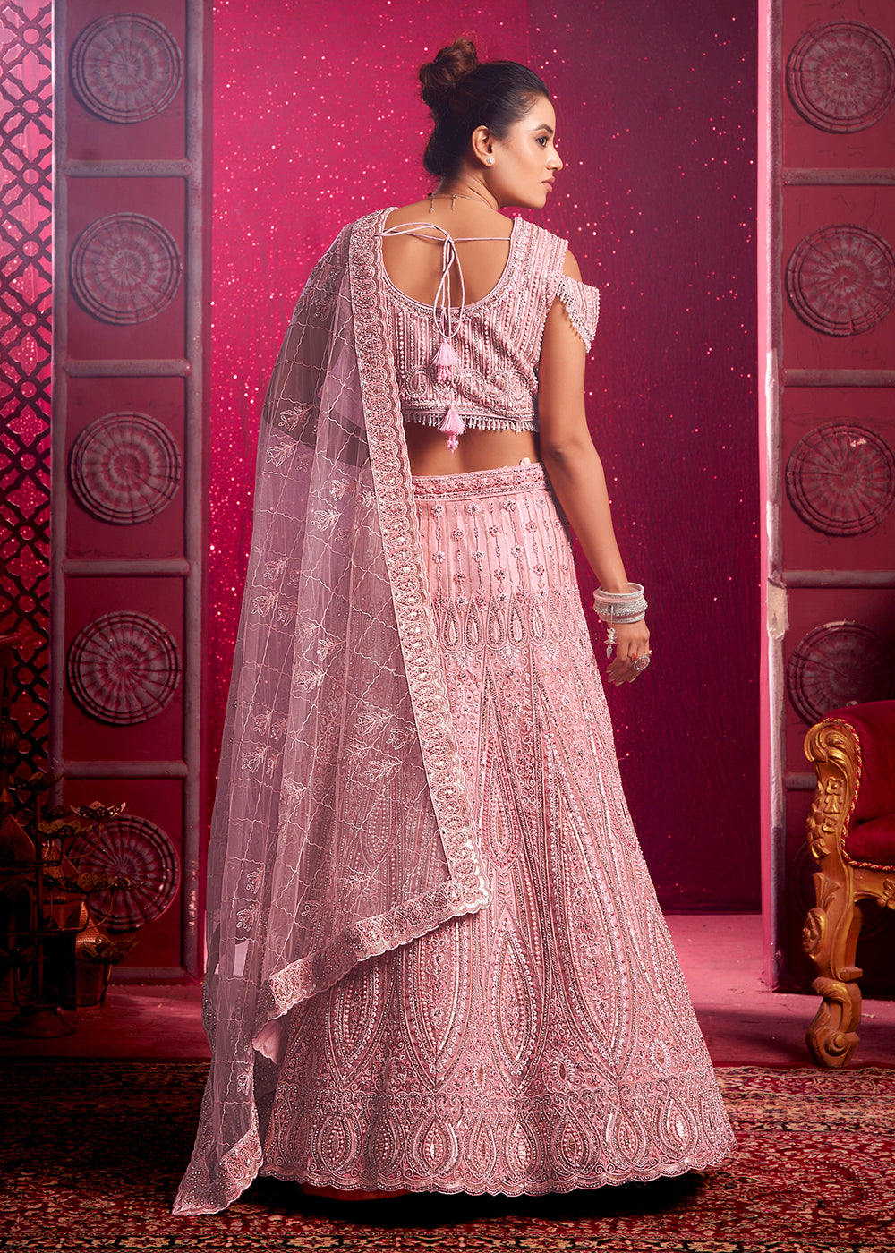 Buy Now Premium Net Peach Embroidered Designer Lehenga Choli Online in USA, UK, Canada & Worldwide at Empress Clothing.