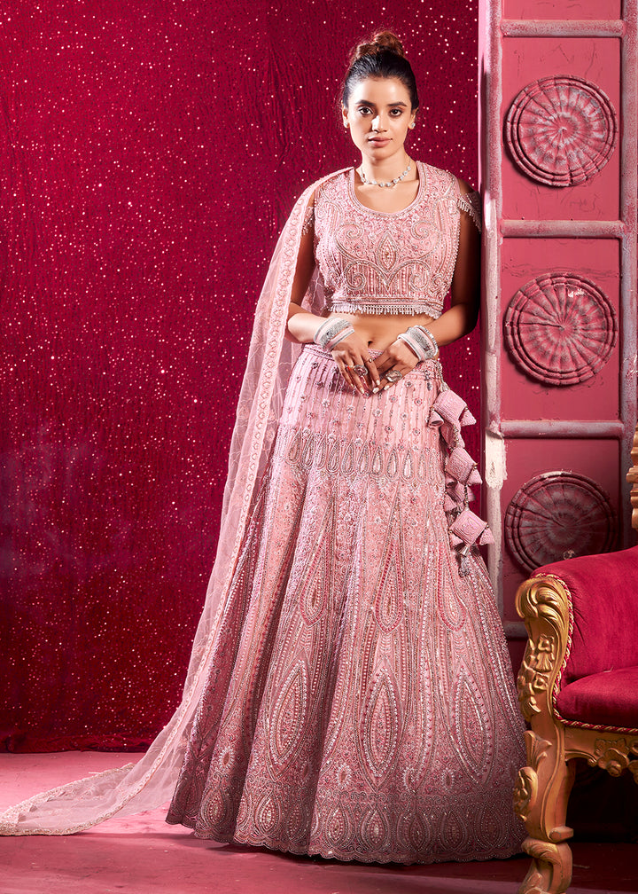 Buy Now Premium Net Peach Embroidered Designer Lehenga Choli Online in USA, UK, Canada & Worldwide at Empress Clothing.