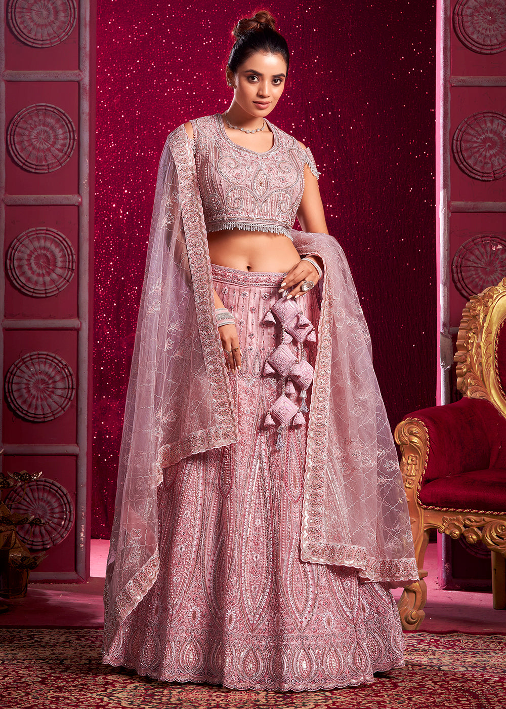 Buy Now Premium Net Peach Embroidered Designer Lehenga Choli Online in USA, UK, Canada & Worldwide at Empress Clothing.