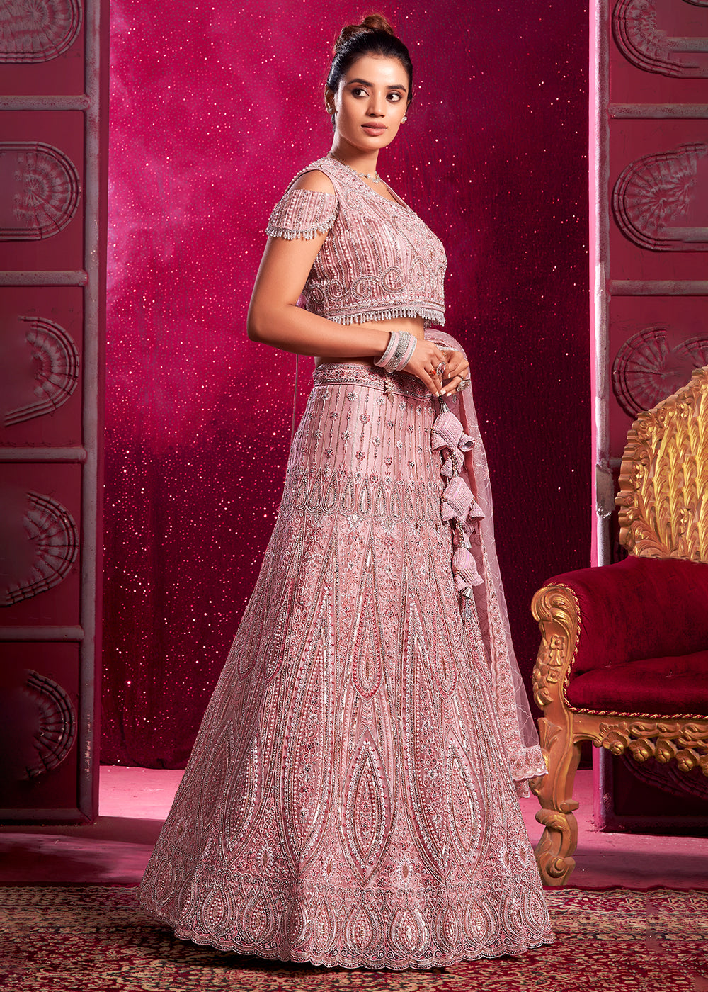 Buy Now Premium Net Peach Embroidered Designer Lehenga Choli Online in USA, UK, Canada & Worldwide at Empress Clothing.