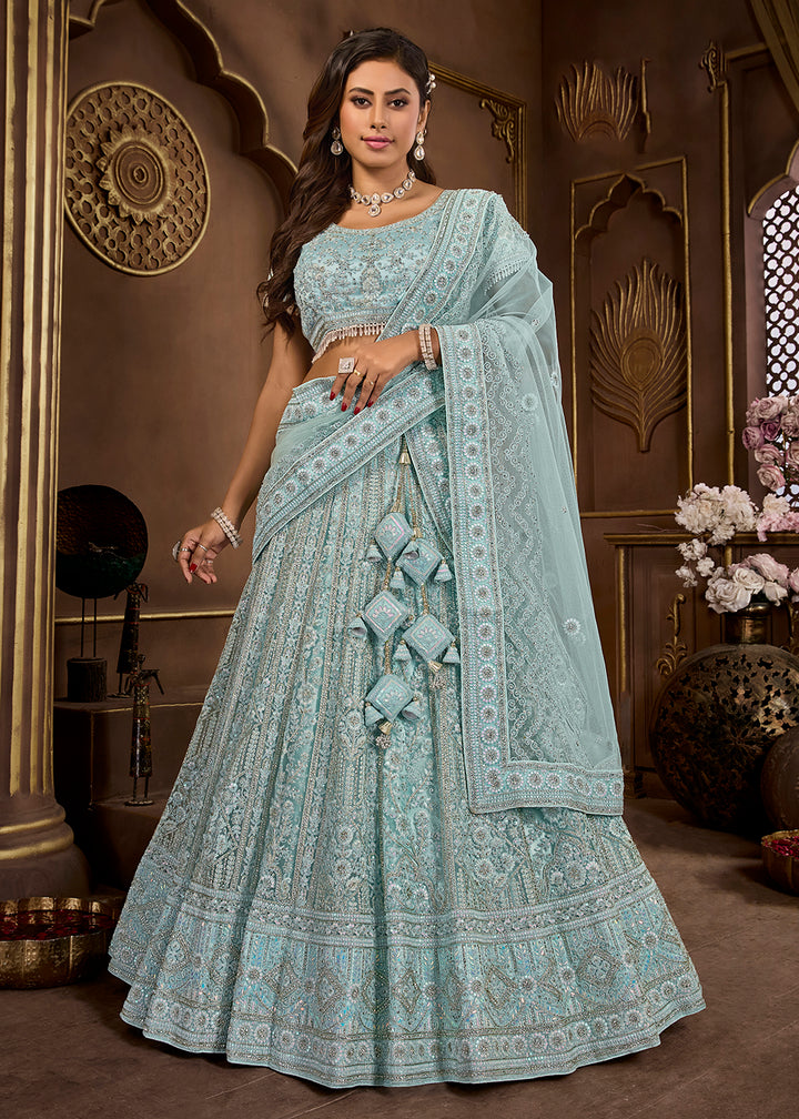 Buy Now Sky Blue Heavy Embroidered Designer Bridal Lehenga Choli Online in USA, UK, Canada, UAE & Worldwide at Empress Clothing