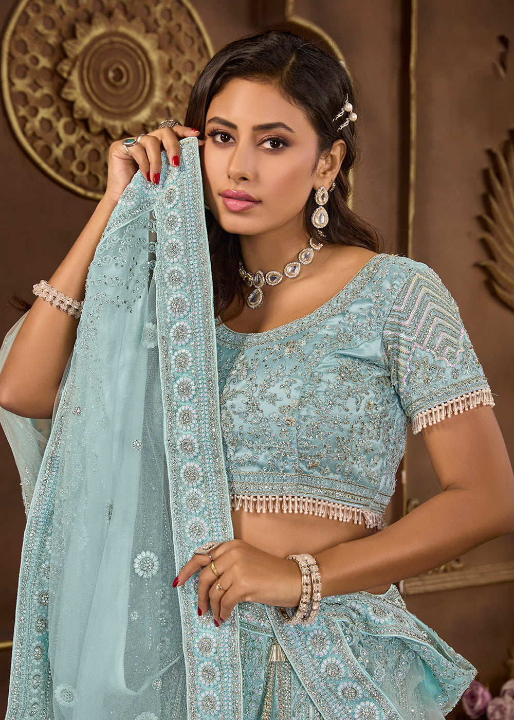 Buy Now Sky Blue Heavy Embroidered Designer Bridal Lehenga Choli Online in USA, UK, Canada, UAE & Worldwide at Empress Clothing