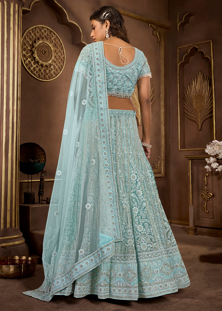 Buy Now Sky Blue Heavy Embroidered Designer Bridal Lehenga Choli Online in USA, UK, Canada, UAE & Worldwide at Empress Clothing