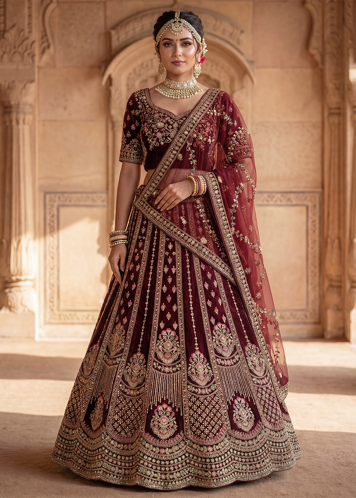 Buy Now Graceful Maroon Bridal Wear Lehenga Choli with Dual Dupatta Online in US, UK, Canada, France, Italy, Greece, Sweden, Denmark, UAE &amp; Worldwide at Empress.