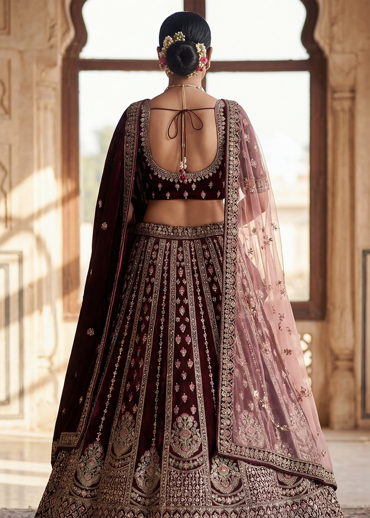 Buy Now Graceful Maroon Bridal Wear Lehenga Choli with Dual Dupatta Online in US, UK, Canada, France, Italy, Greece, Sweden, Denmark, UAE &amp; Worldwide at Empress.