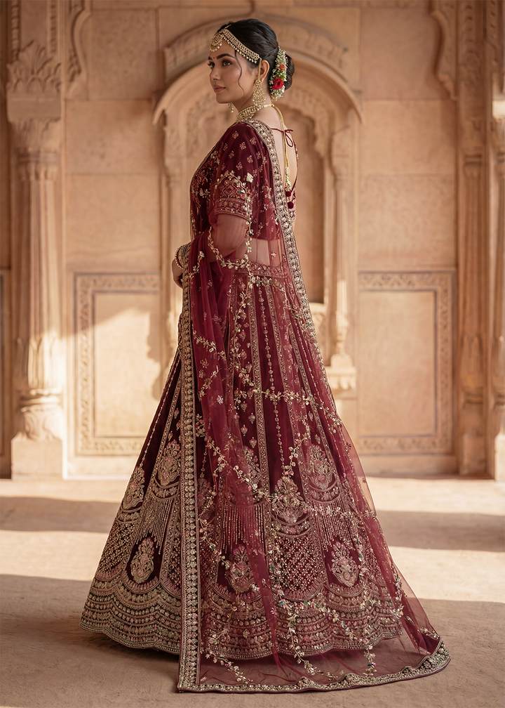 Buy Now Graceful Maroon Bridal Wear Lehenga Choli with Dual Dupatta Online in US, UK, Canada, France, Italy, Greece, Sweden, Denmark, UAE &amp; Worldwide at Empress.