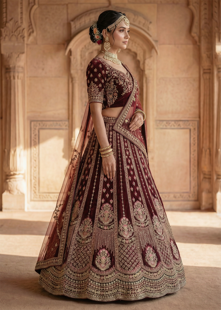 Buy Now Graceful Maroon Bridal Wear Lehenga Choli with Dual Dupatta Online in US, UK, Canada, France, Italy, Greece, Sweden, Denmark, UAE &amp; Worldwide at Empress.
