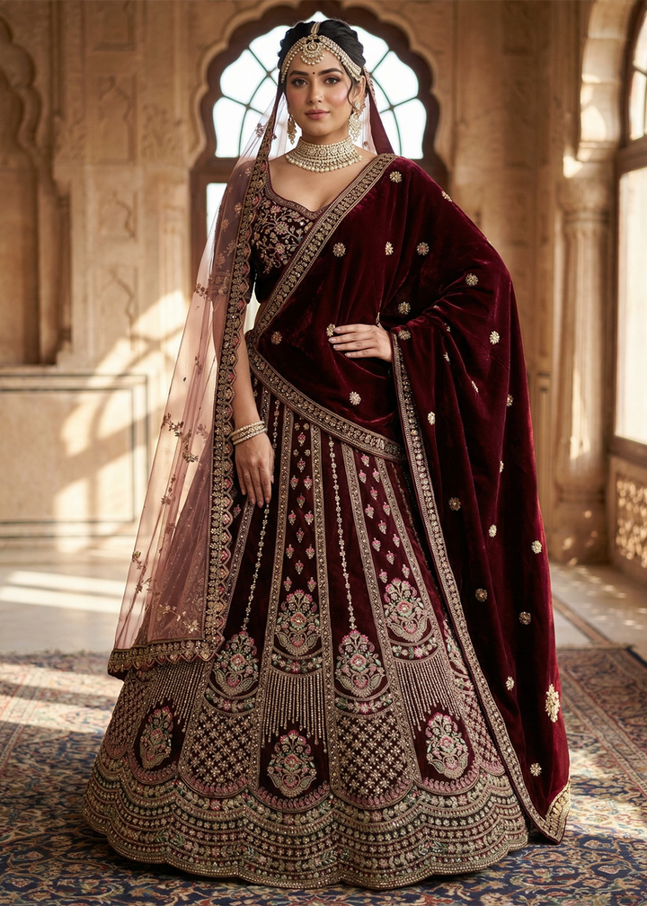 Buy Now Graceful Maroon Bridal Wear Lehenga Choli with Dual Dupatta Online in US, UK, Canada, France, Italy, Greece, Sweden, Denmark, UAE &amp; Worldwide at Empress.