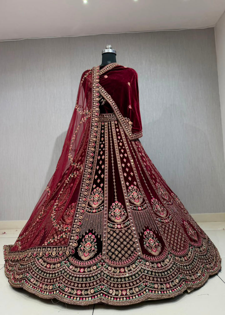 Buy Now Graceful Maroon Bridal Wear Lehenga Choli with Dual Dupatta Online in US, UK, Canada, France, Italy, Greece, Sweden, Denmark, UAE &amp; Worldwide at Empress.