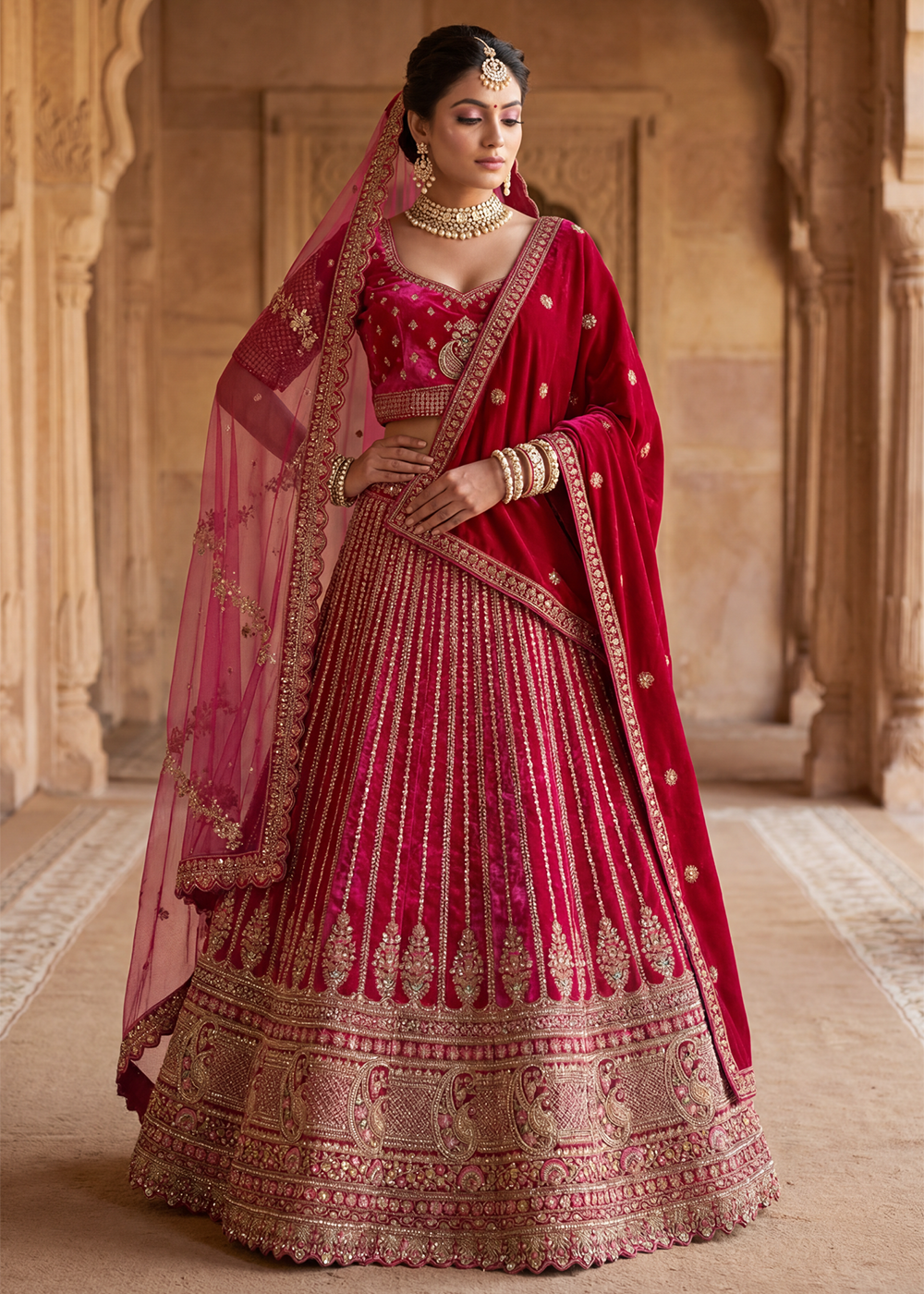 Buy Now Graceful Rani Bridal Wear Lehenga Choli with Dual Dupatta Online in US, UK, Canada, France, Italy, Greece, Sweden, Denmark, UAE & Worldwide at Empress.