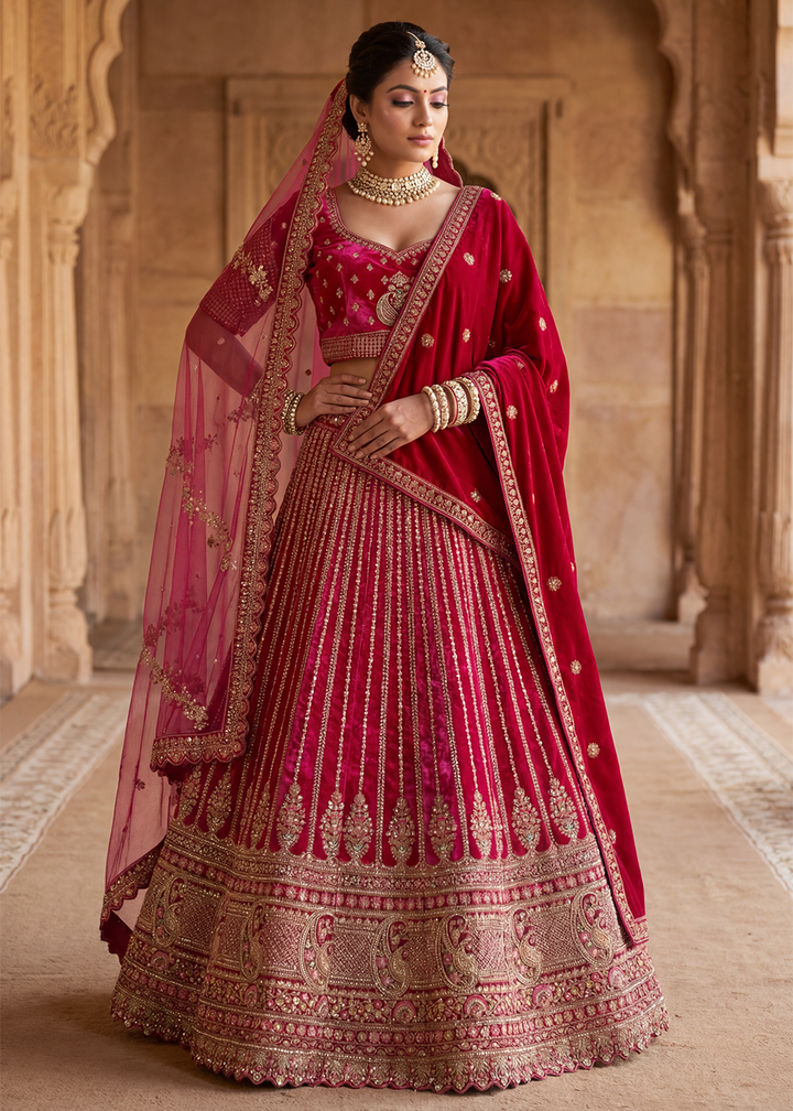 Buy Now Graceful Rani Bridal Wear Lehenga Choli with Dual Dupatta Online in US, UK, Canada, France, Italy, Greece, Sweden, Denmark, UAE &amp; Worldwide at Empress.