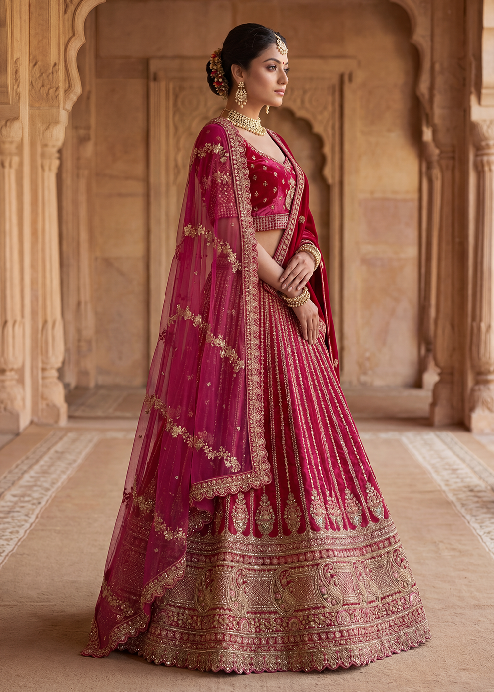 Buy Now Graceful Rani Bridal Wear Lehenga Choli with Dual Dupatta Online in US, UK, Canada, France, Italy, Greece, Sweden, Denmark, UAE &amp; Worldwide at Empress.