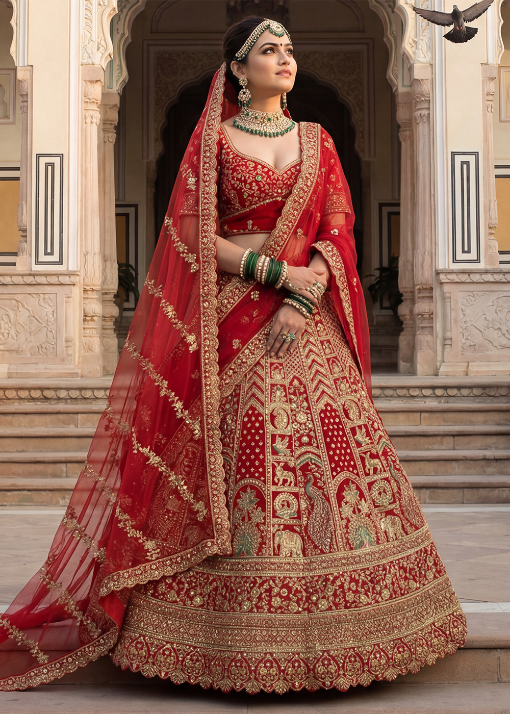 Buy Now Graceful Red Bridal Wear Lehenga Choli with Dual Dupatta Online in US, UK, Canada, France, Italy, Greece, Sweden, Denmark, UAE & Worldwide at Empress.
