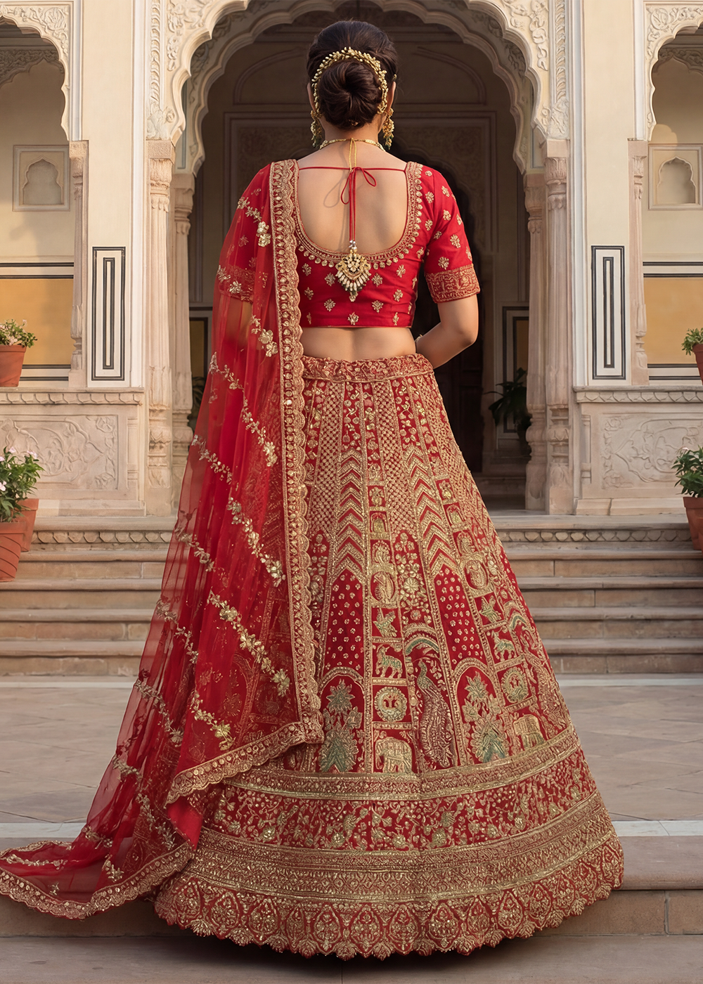 Buy Now Graceful Red Bridal Wear Lehenga Choli with Dual Dupatta Online in US, UK, Canada, France, Italy, Greece, Sweden, Denmark, UAE &amp; Worldwide at Empress.