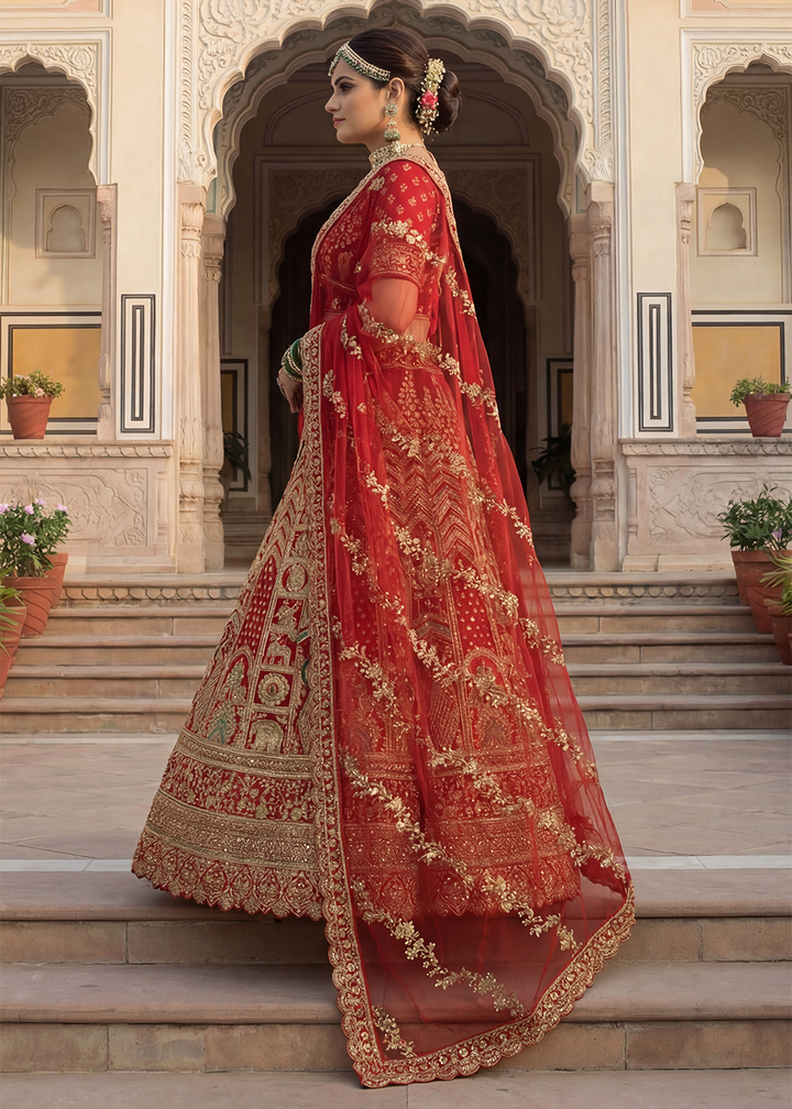 Buy Now Graceful Red Bridal Wear Lehenga Choli with Dual Dupatta Online in US, UK, Canada, France, Italy, Greece, Sweden, Denmark, UAE &amp; Worldwide at Empress.