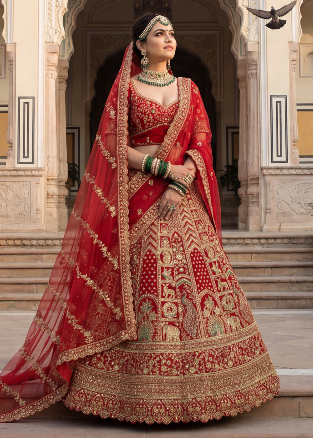 Buy Now Graceful Red Bridal Wear Lehenga Choli with Dual Dupatta Online in US, UK, Canada, France, Italy, Greece, Sweden, Denmark, UAE &amp; Worldwide at Empress.