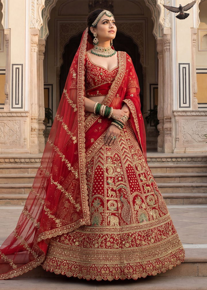 Buy Now Graceful Red Bridal Wear Lehenga Choli with Dual Dupatta Online in US, UK, Canada, France, Italy, Greece, Sweden, Denmark, UAE &amp; Worldwide at Empress.