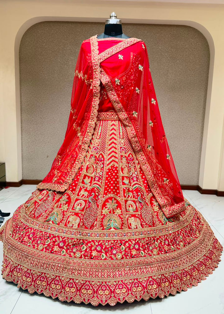 Buy Now Graceful Red Bridal Wear Lehenga Choli with Dual Dupatta Online in US, UK, Canada, France, Italy, Greece, Sweden, Denmark, UAE &amp; Worldwide at Empress.