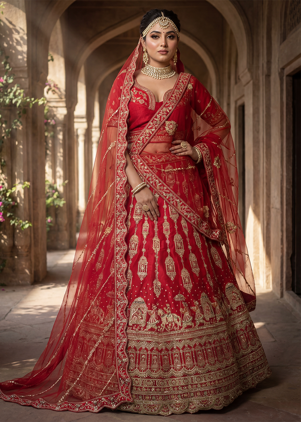 Buy Now Charming Red Bridal Wear Lehenga Choli with Dual Dupatta Online in US, UK, Canada, France, Italy, Greece, Sweden, Denmark, UAE & Worldwide at Empress.