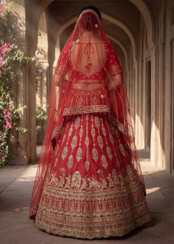 Buy Now Charming Red Bridal Wear Lehenga Choli with Dual Dupatta Online in US, UK, Canada, France, Italy, Greece, Sweden, Denmark, UAE &amp; Worldwide at Empress.