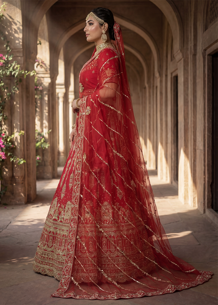 Buy Now Charming Red Bridal Wear Lehenga Choli with Dual Dupatta Online in US, UK, Canada, France, Italy, Greece, Sweden, Denmark, UAE &amp; Worldwide at Empress.