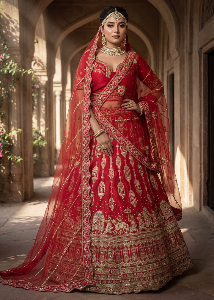 Buy Now Charming Red Bridal Wear Lehenga Choli with Dual Dupatta Online in US, UK, Canada, France, Italy, Greece, Sweden, Denmark, UAE &amp; Worldwide at Empress.