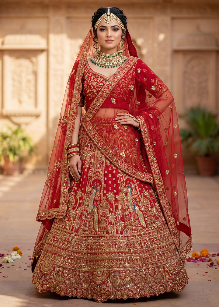 Buy Now Regal Red Bridal Wear Lehenga Choli with Dual Dupatta Online in US, UK, Canada, France, Italy, Greece, Sweden, Denmark, UAE &amp; Worldwide at Empress.