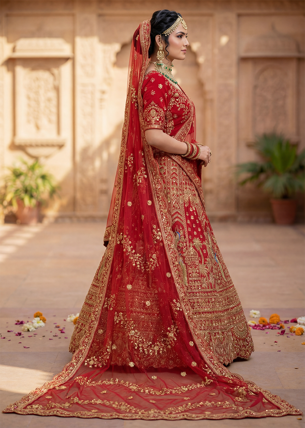 Buy Now Regal Red Bridal Wear Lehenga Choli with Dual Dupatta Online in US, UK, Canada, France, Italy, Greece, Sweden, Denmark, UAE &amp; Worldwide at Empress.