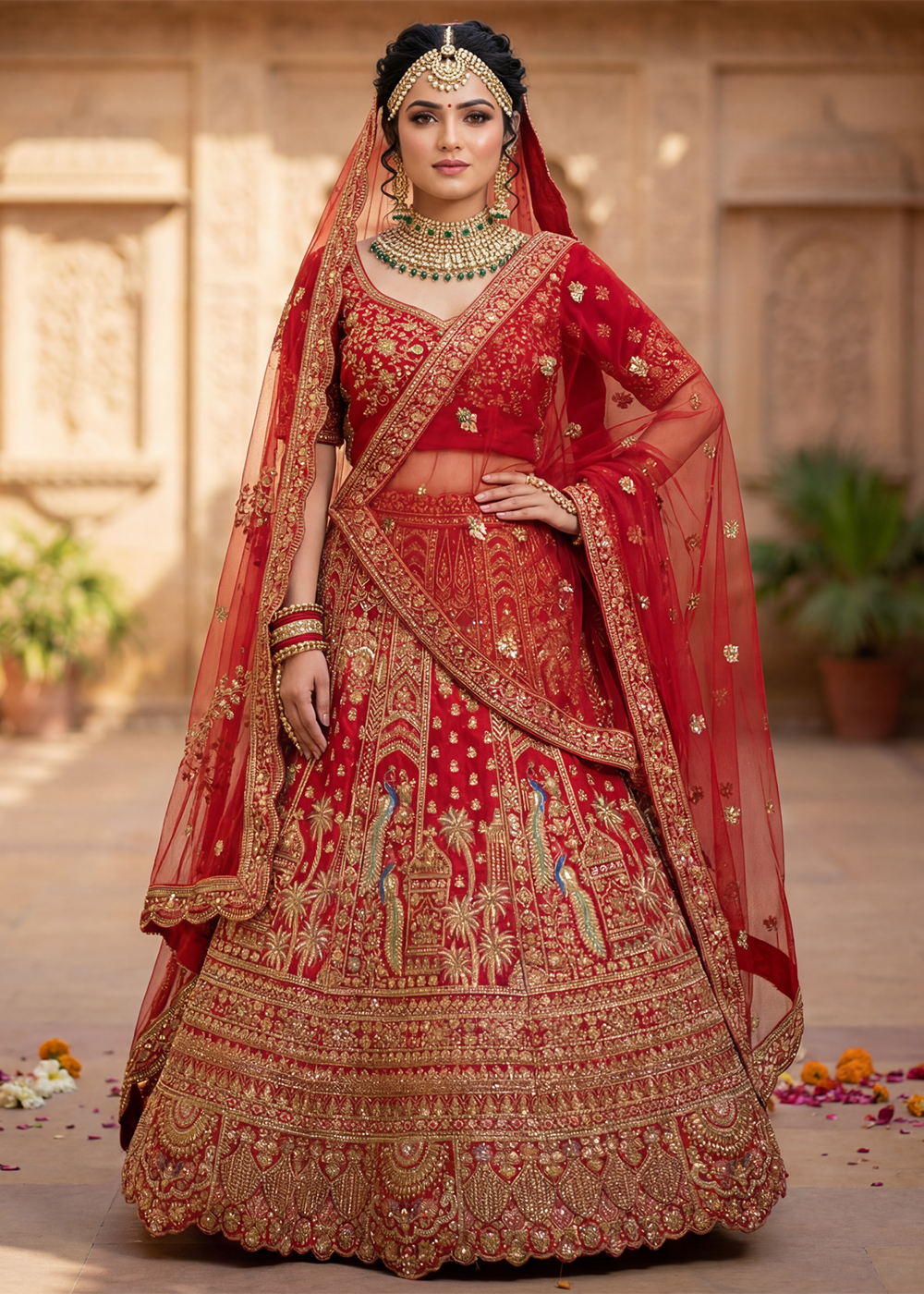 Buy Now Regal Red Bridal Wear Lehenga Choli with Dual Dupatta Online in US, UK, Canada, France, Italy, Greece, Sweden, Denmark, UAE &amp; Worldwide at Empress.
