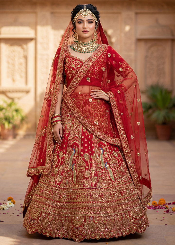 Buy Now Regal Red Bridal Wear Lehenga Choli with Dual Dupatta Online in US, UK, Canada, France, Italy, Greece, Sweden, Denmark, UAE &amp; Worldwide at Empress.