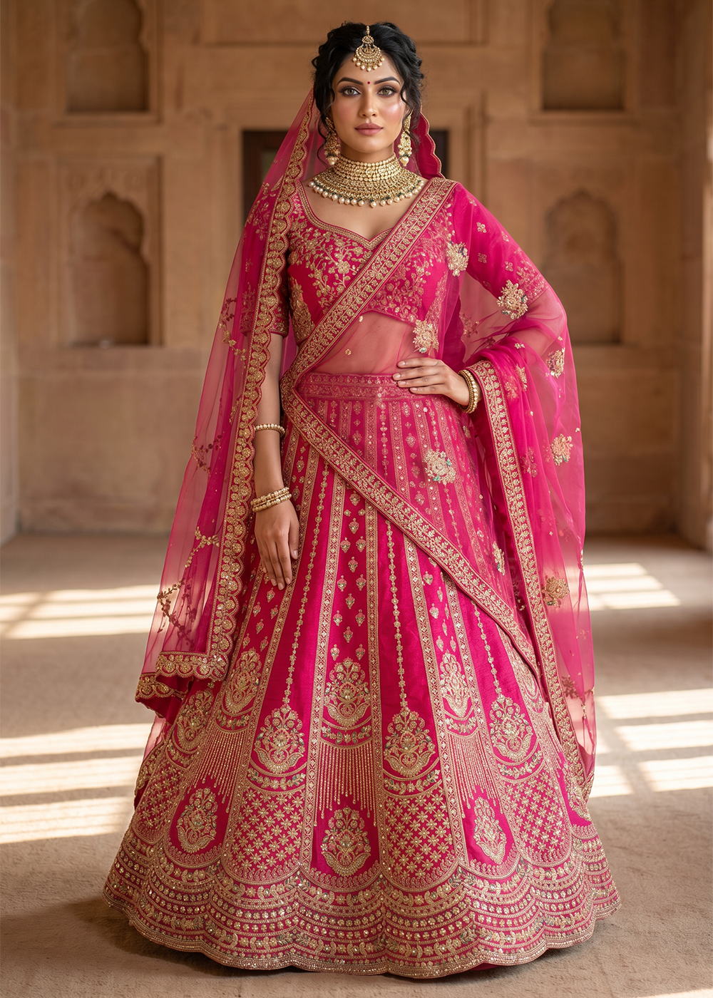 Buy Now Regal Hot Pink Bridal Wear Lehenga Choli with Dual Dupatta Online in US, UK, Canada, France, Italy, Greece, Sweden, Denmark, UAE & Worldwide at Empress.
