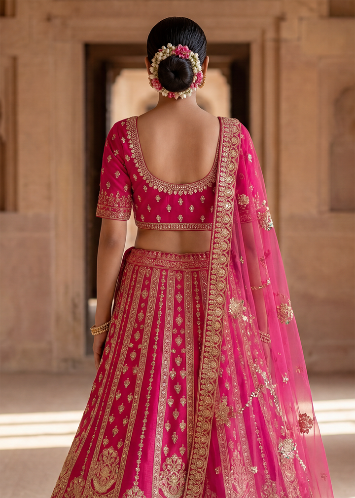 Buy Now Regal Hot Pink Bridal Wear Lehenga Choli with Dual Dupatta Online in US, UK, Canada, France, Italy, Greece, Sweden, Denmark, UAE &amp; Worldwide at Empress.